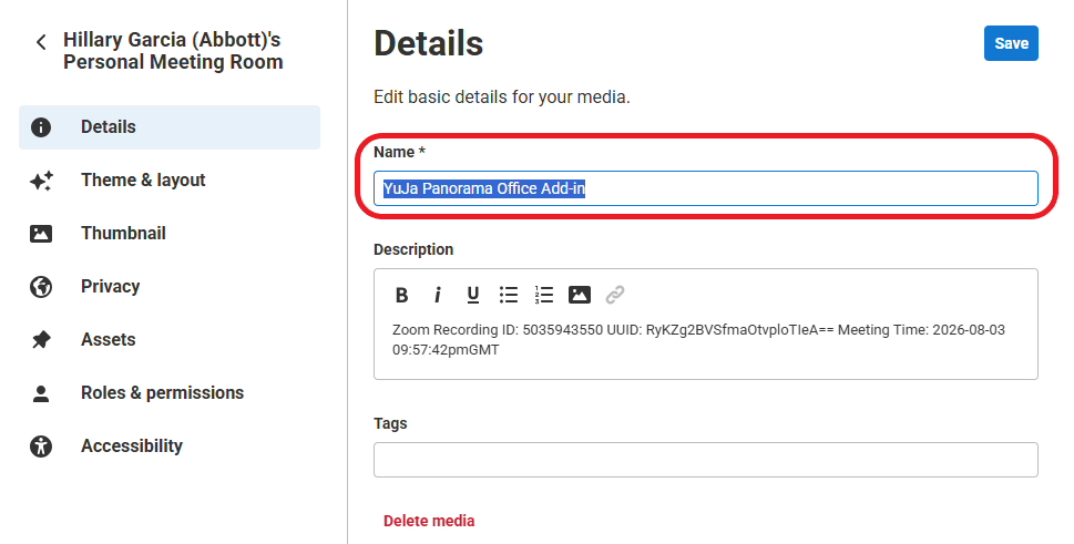 Kaltura Edit Details Name