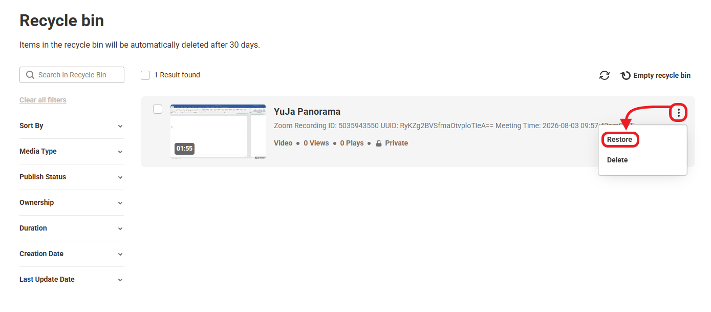 Kaltura Recycle Bin Actions Menu Restore