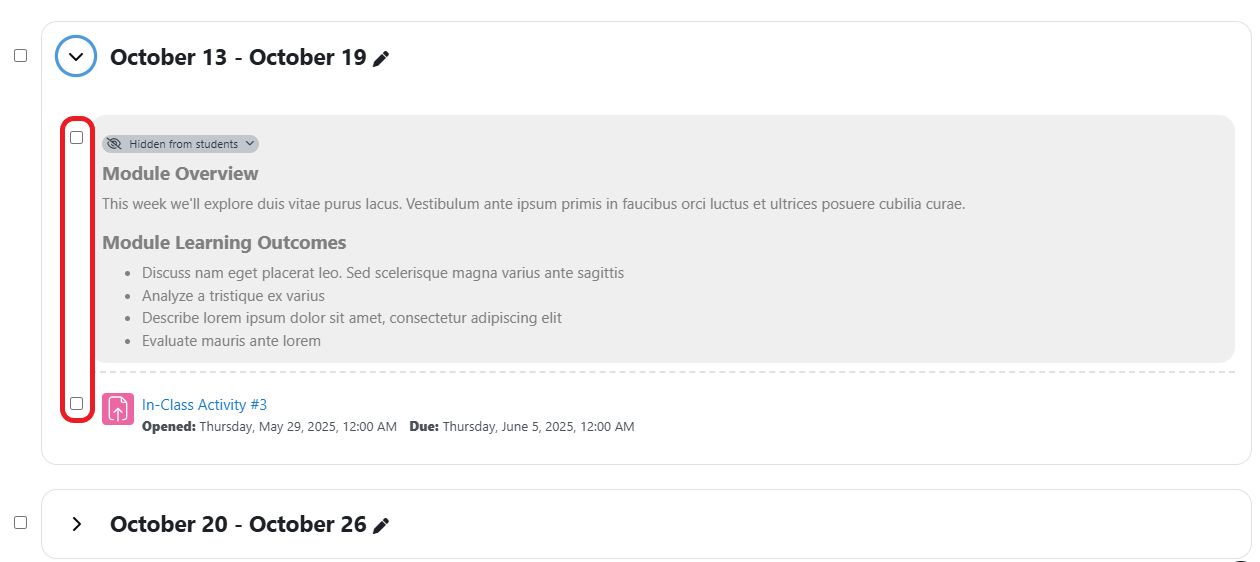 Course Front Page Bulk Actions Select Activities or Resources