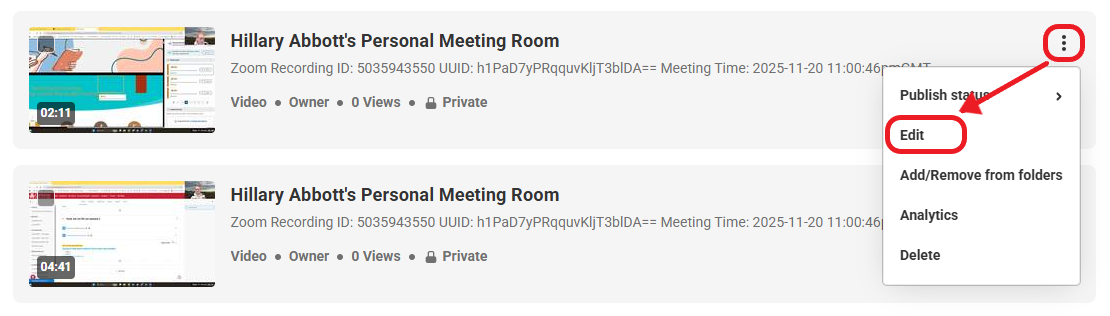 Kaltura My Media 3 Dots Menu Edit