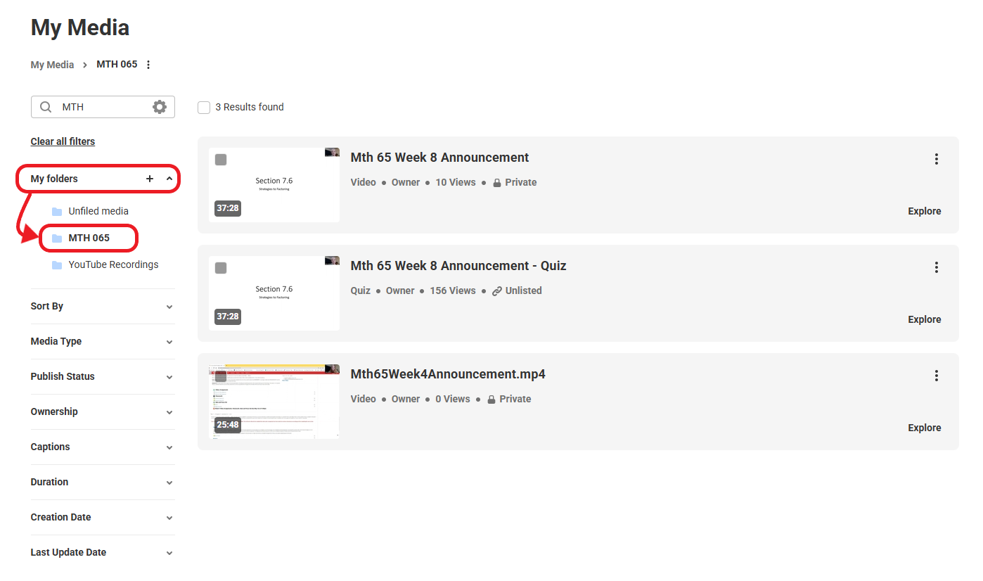 Kaltura My Media My Folders View Videos