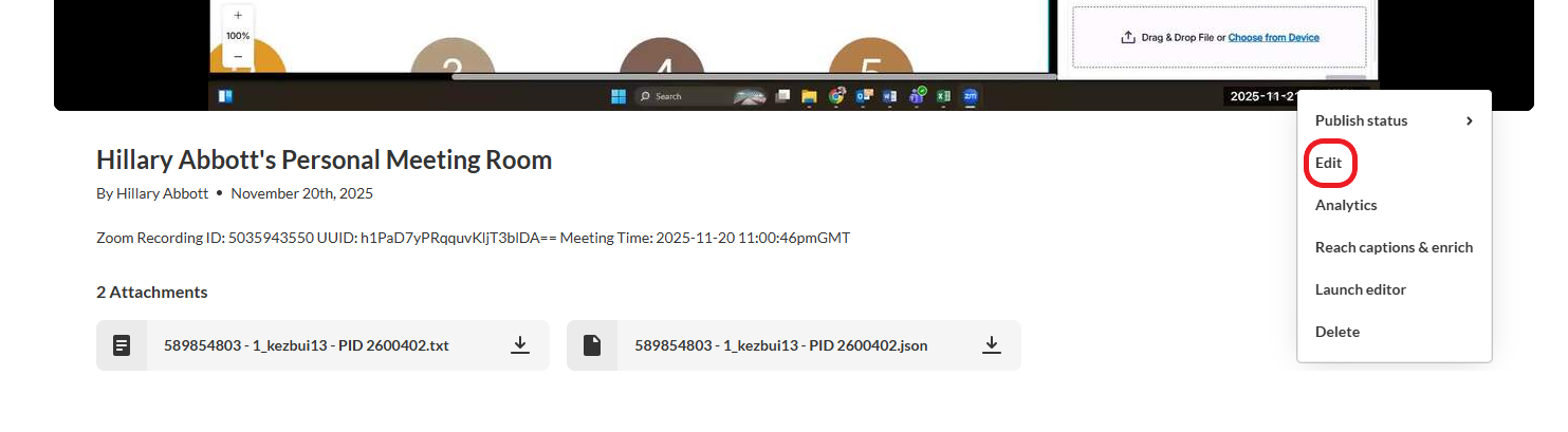 My Media Video Actions Menu Edit