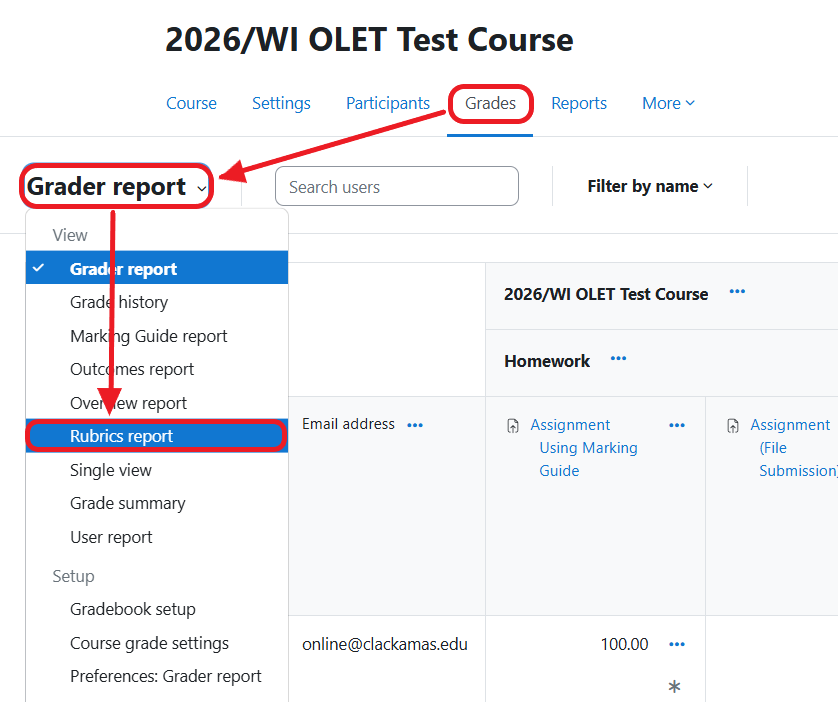 Grades Drop down menu select Rubric Report